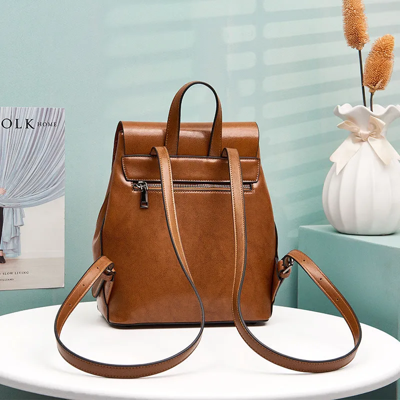 Women's Top Grain Leather Backpack Simple Style City Backpack Natural Cowhide Leather Rucksack Classic Elegant Leather Backpack