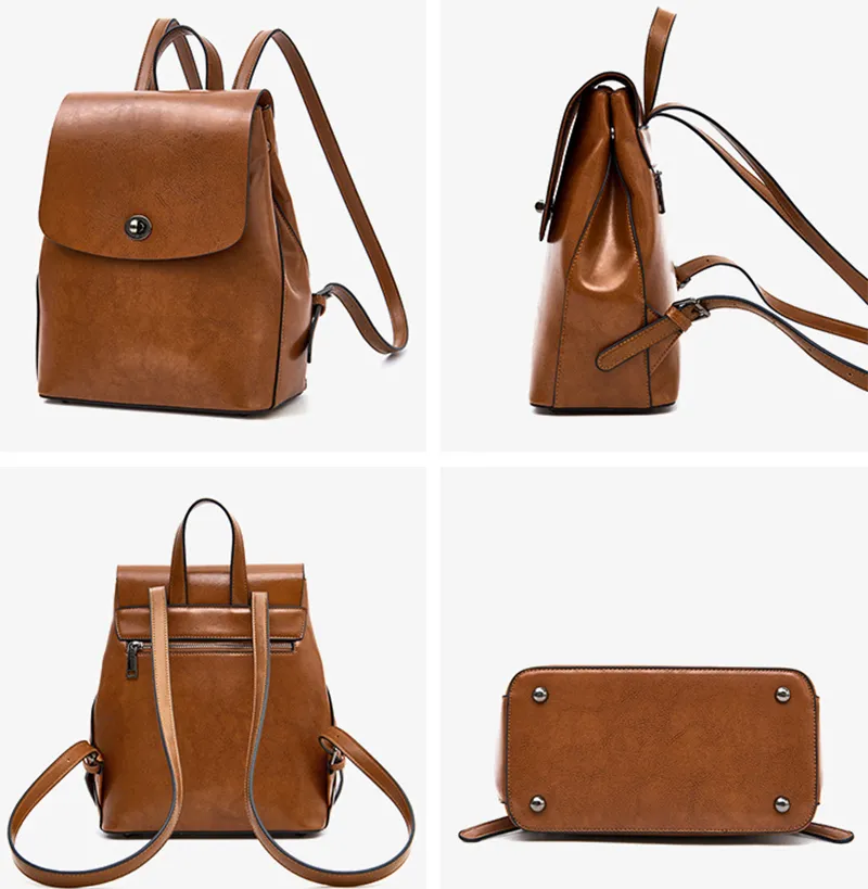 Women's Top Grain Leather Backpack Simple Style City Backpack Natural Cowhide Leather Rucksack Classic Elegant Leather Backpack
