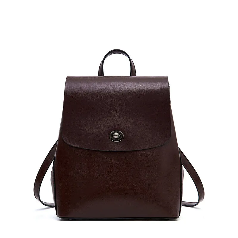 Women's Top Grain Leather Backpack Simple Style City Backpack Natural Cowhide Leather Rucksack Classic Elegant Leather Backpack