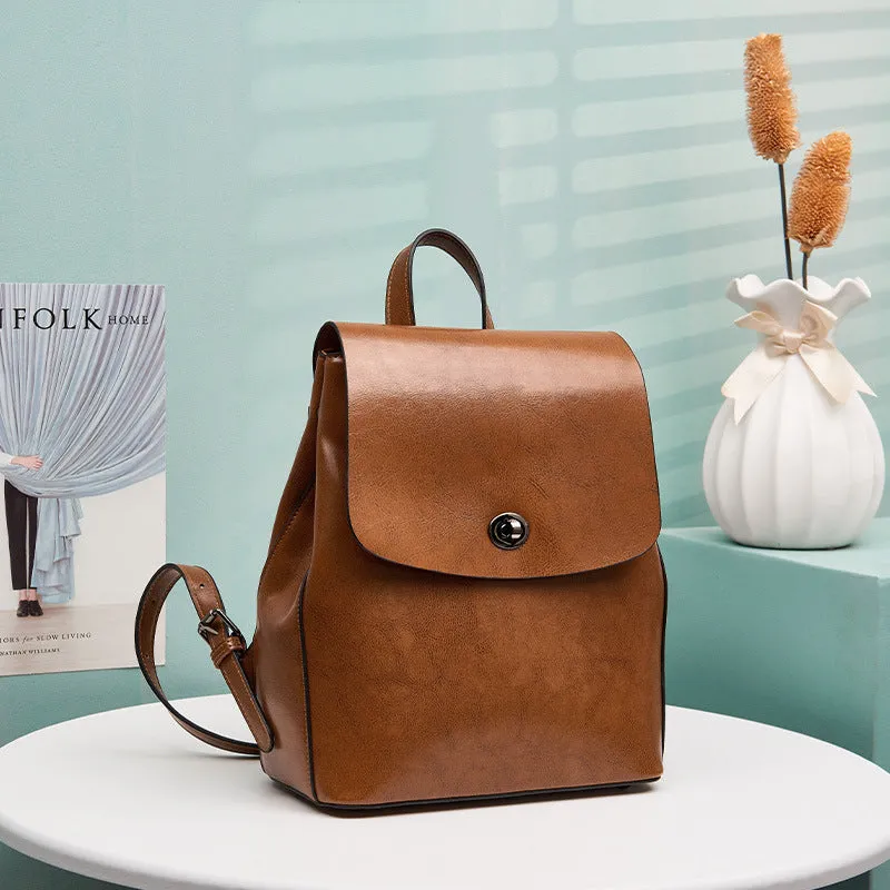 Women's Top Grain Leather Backpack Simple Style City Backpack Natural Cowhide Leather Rucksack Classic Elegant Leather Backpack
