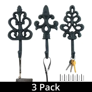 Woodside Cast Iron Decorative Wall Mounted Hanging Hooks, Vintage Coat Hanger, Set of 3
