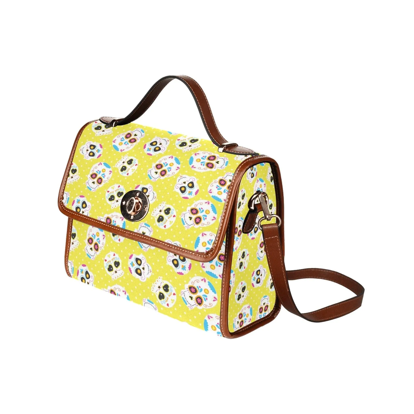 Yellow Skull Waterproof Canvas Bag Brown Trim
