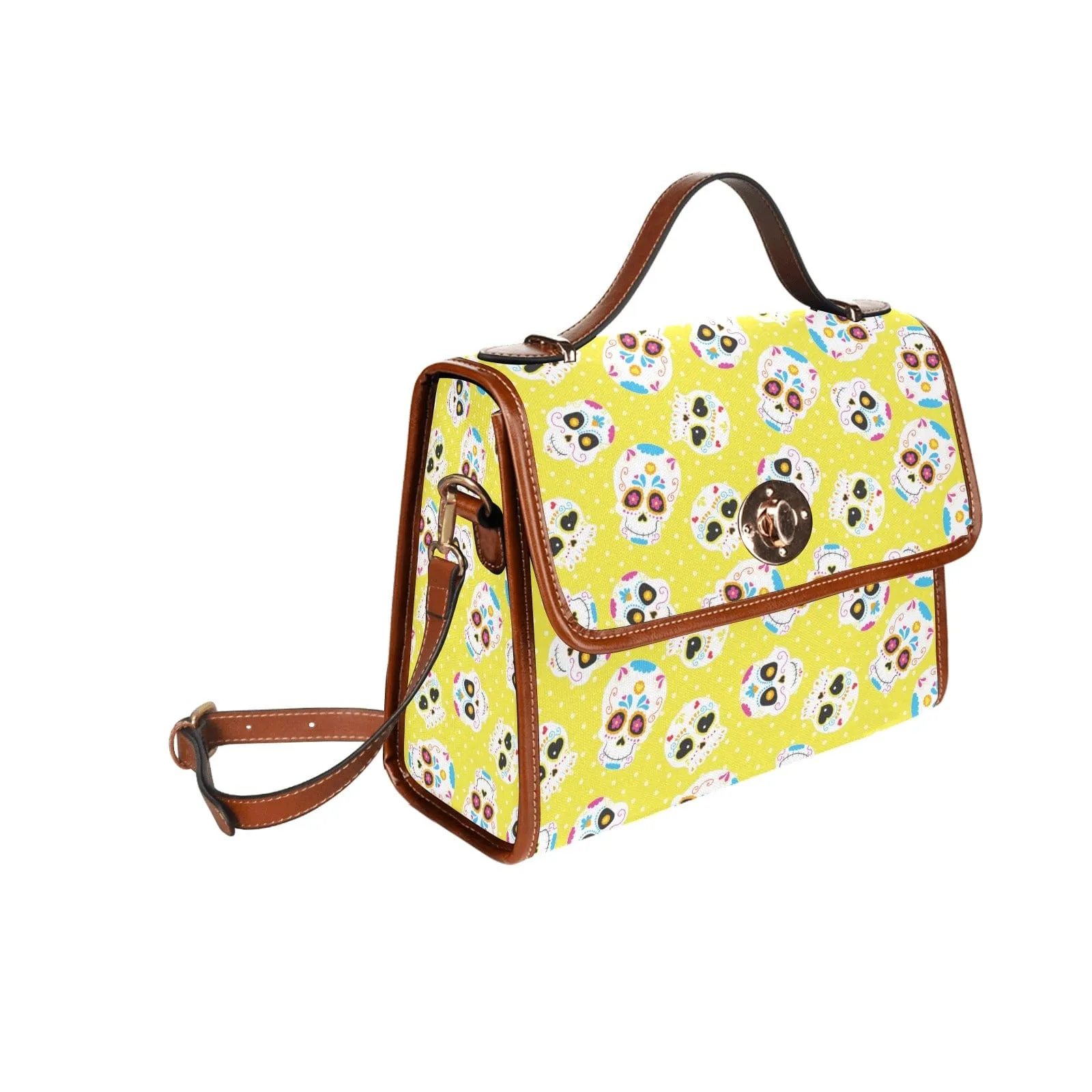 Yellow Skull Waterproof Canvas Bag Brown Trim