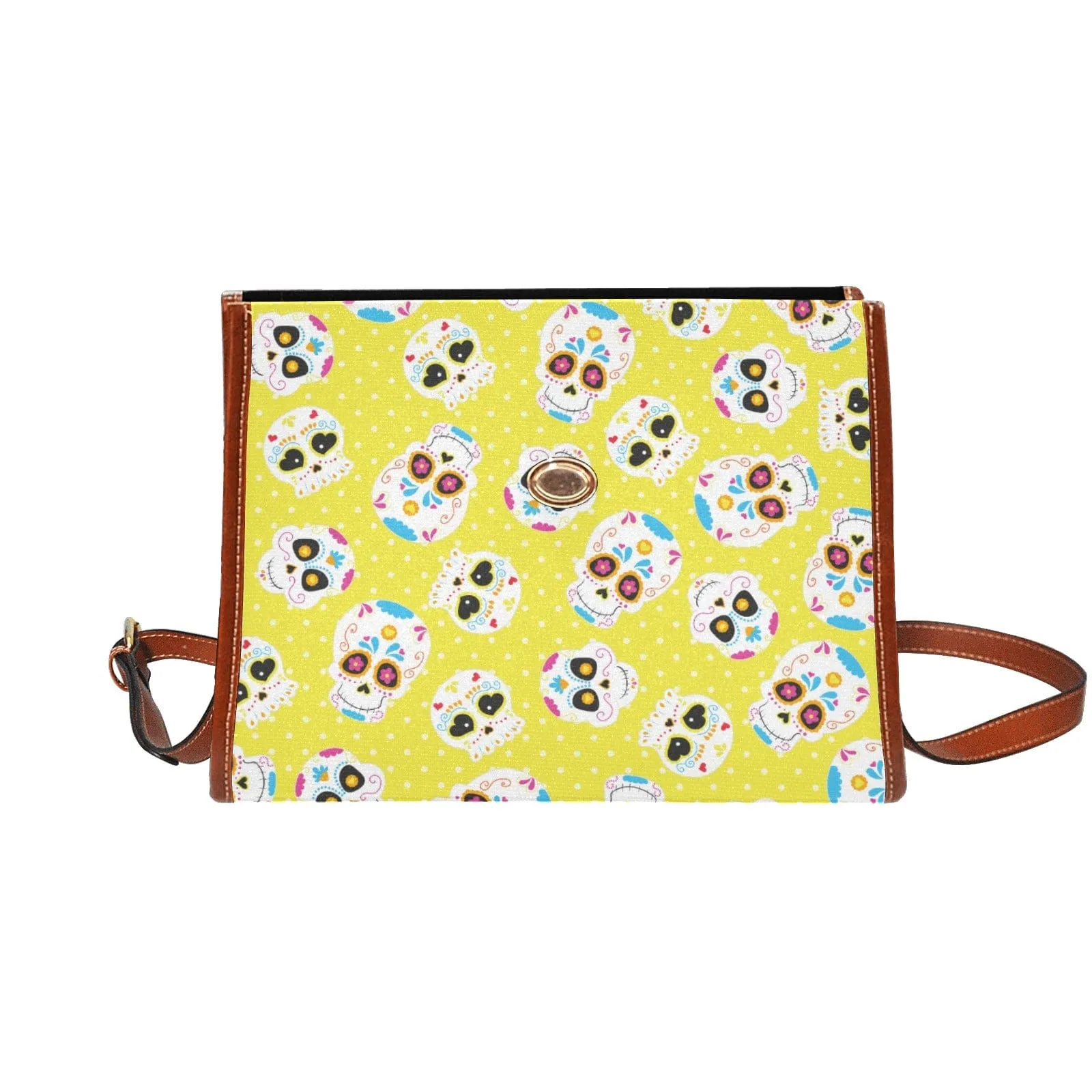 Yellow Skull Waterproof Canvas Bag Brown Trim