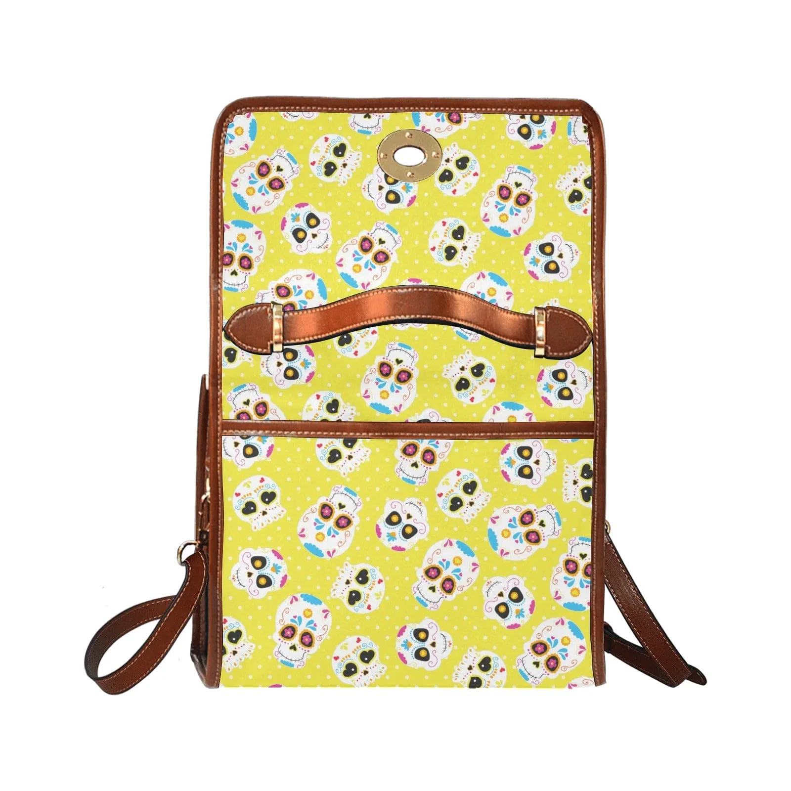 Yellow Skull Waterproof Canvas Bag Brown Trim